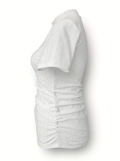 Solid Color Eyelet Mock Neck T-shirt, Elegant Ruched Short Sleeve Slim Fit Top, Women's Clothing