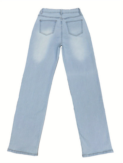 High Waist Light Washed Straight Jeans, Slash Pocket Casual Loose Fit Denim Pants, Women's Denim Jeans & Clothing