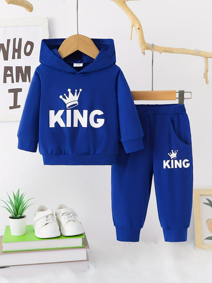 2 հատ Baby Boy's Casual Fashion Outfit Hooded KING Print երկարաթև մարզաշապիկ + շալվար բացօթյա հավաքածու