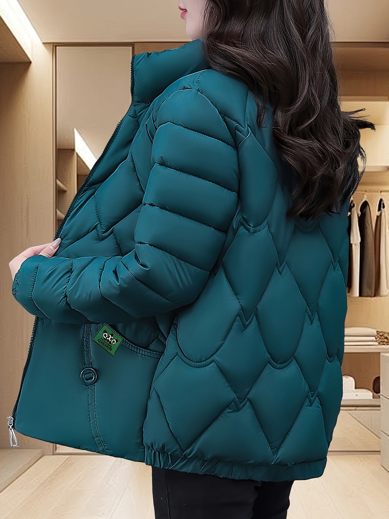 Women'S Embroidered Quilted Jacket, Casual Long Sleeve Polyester Coat, Non-Stretch H-Contoured Regular Fit, Pleated Hem, Thick Warm Winter Outerwear for Middle-Aged Moms