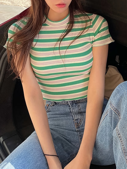 Women's Ribbed Striped Short Sleeve Round Neck Striped T-Shirt