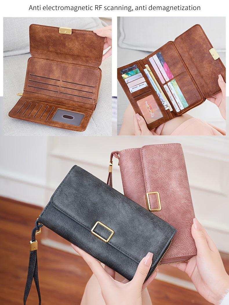 MIYIN Women's Vintage RFID Blocking Large Capacity Wallet with Wrist Strap - Tri-Fold  Handbag, Zipper Pocket & ID Slot, Multi-Card Holder (Credit/Debit) - Solid for Professional & Everyday Use