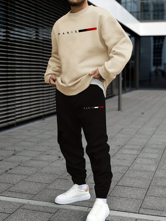 Men's Casual Sports Sweatshirt Set, Loose Fit Pullover Hoodie with Print, Polyester Blend, Round Neck, Stretch Knit, Autumn/Winter Collection