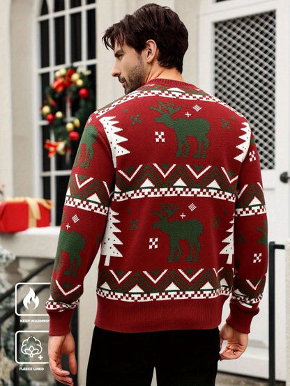 Men'S Winter Sweater - Christmas Deer & Snowflake Sweater with Red & Green Holiday Colors, Loose Fit Casual Knitwear, Drop Shoulder Long Sleeve Pullover, Soft Warm Winter Sweater for Christmas, Knit, Sweater For Men, Men Clot