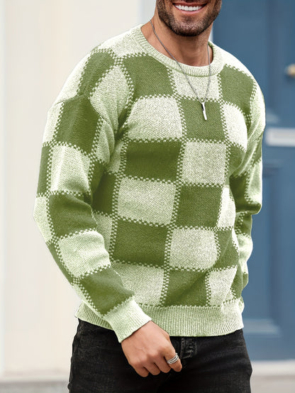 Men's Color Blocking Textured Checked Print Casual Trendy Sweater, Long Sleeve Pullover As Gift For Fall And Winter