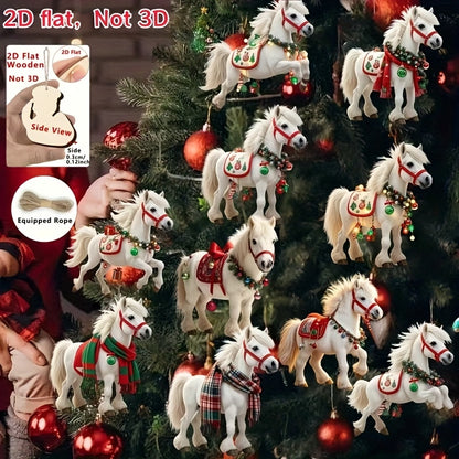 2D Flat, 10pcs White Horse Christmas Tree Ornaments - 2D Flat Hanging Decorations with Red & Green Harnesses, No Electricity Needed