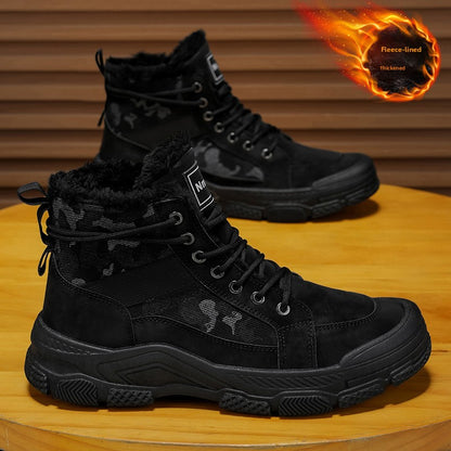 Men's High-Top Winter Boots with -Like Collar & - Heavy-Duty PU Upper, PVC Sole, Beige/Tan Lace-Up Snow Boots for Ice, Slush,, Outdoor (Warm Cold Weather Footwear)