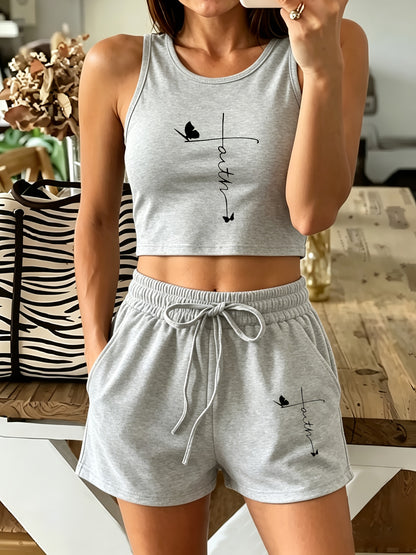 Women's Casual Two-Piece Set with Graphic Tee & Wide Leg Pants