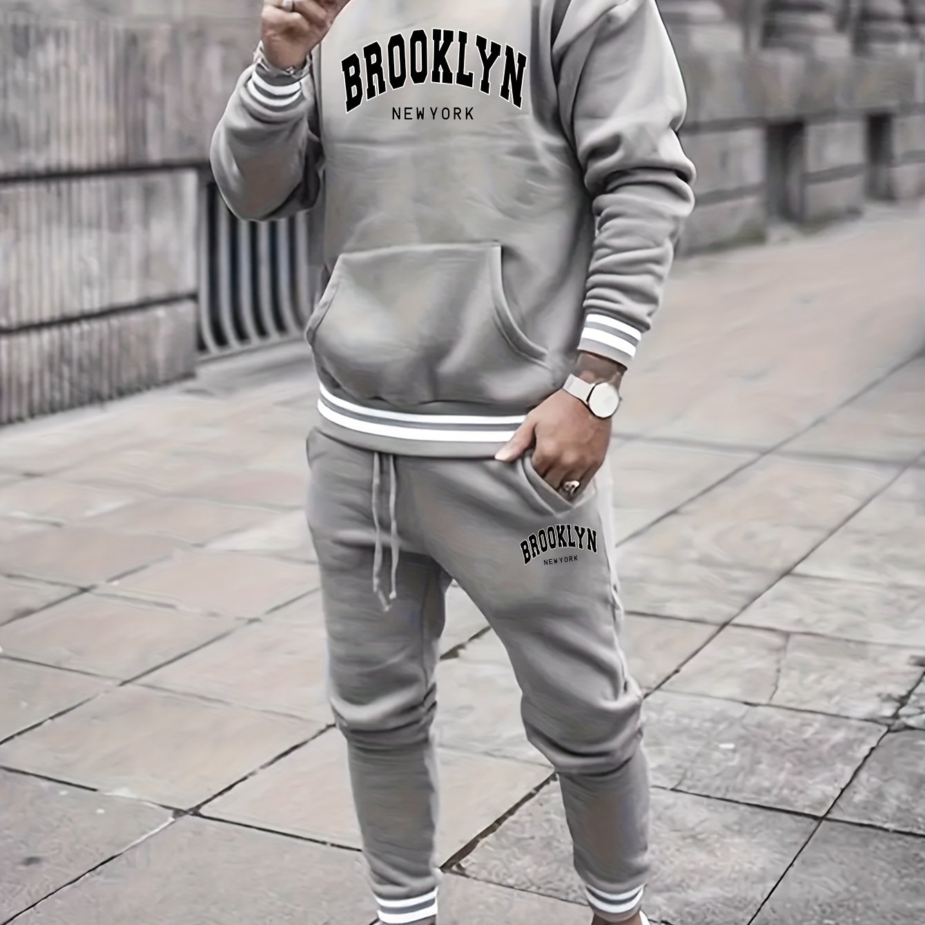 2pcs Men's Trendy BROOKLYN Letter Print Hooded Outfit, Hoodie & Pants Set, Men's Clothes For Spring Fall Winter, As Gift