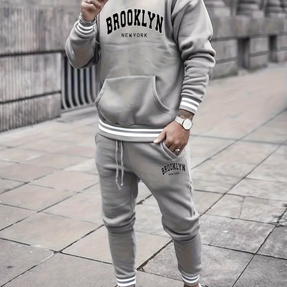 2pcs Men's Trendy BROOKLYN Letter Print Hooded Outfit, Hoodie & Pants Set, Men's Clothes For Spring Fall Winter, As Gift