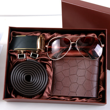 Men's 7pcs Business Gift Box Set: Textured Fashion Glasses, Matte Gunmetal Buckle, Comfortable Belt, Wallet, Fashionable Cufflinks, Elegant Gift Box – Perfect for Father's Day, Teacher's Day, Graduation, Christmas, Valentin