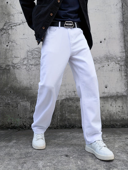 Men's Casual White Jeans - Loose Fit, Cotton, Machine Washable, Solid Color with Pockets, All-Season Wear