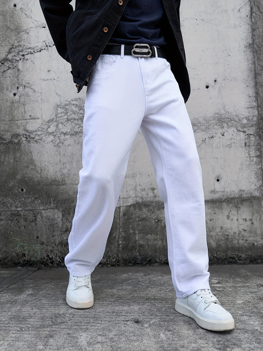 Men's Casual White Jeans - Loose Fit, Cotton, Machine Washable, Solid Color with Pockets, All-Season Wear