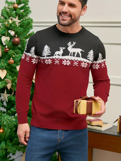 Men's Red/White/Navy Blue Christmas Sweater Sweater Vest-like Long Sleeve Pullover - Reindeer & Pine Tree Pattern, H-Fit Winter Party Outfit, Machine Washable Holiday Sweater for Xmas (No Belt/Tie)