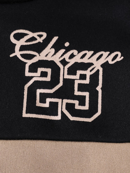 2pcs Boys' Autumn and Winter Fleece-Lined Hoodie Set with Long Pants, Simple Color Block Letter Print Fashion Sportswear Outfit for Outdoor Activities and Casual Attire, 100% Polyester Knit Stretch Durable Fabric, Perfect Gif