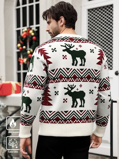 Men'S Winter Sweater - Christmas Deer & Snowflake Sweater with Red & Green Holiday Colors, Loose Fit Casual Knitwear, Drop Shoulder Long Sleeve Pullover, Soft Warm Winter Sweater for Christmas, Knit, Sweater For Men, Men Clot