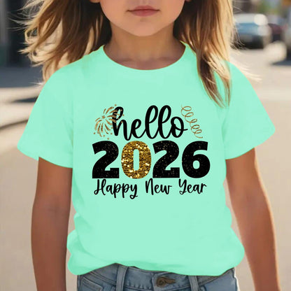 Girls' 2026 New Year T-Shirt - Hello 2026 Happy New Year Graphic Tee with Golden Number 2026, Heart, & Golden Lettering - Lightweight Summer Top for Birthday Party, Girls Clothes
