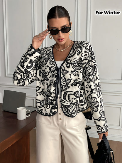 Women's Elegant Black & White Floral blazer - Tie-front closing, Non-Stretchy structure for Fall/Winter, Office, Party, Everyday Chic Jacket - Machine Washable Women's Outerwear, Party Attire, Sophisticated Design