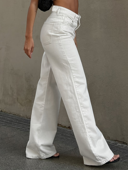 Viscose Casual Straight Leg Երկար անթև կոճակ Fly Half Placket Միջին գոտկատեղի կանոնավոր հարմարեցում երկար երկարությամբ Weekend պատահական կանացի դասական սպիտակ ջինսեր