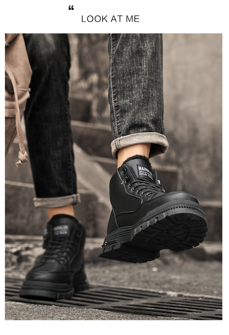 Men's Vintage Casual Fleece-Lined Snow Boots - Brown Faux Cover with Black Accents, Lace-Up Design, Thick PVC Sole for Winter & Fall, Round Toe Comfort, Everyday Winter Footwear, Winter Boots,  Style Boots, Durable Winter Foo