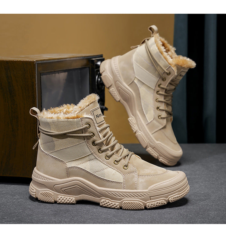 Men's High-Top Winter Boots with -Like Collar & - Heavy-Duty PU Upper, PVC Sole, Beige/Tan Lace-Up Snow Boots for Ice, Slush,, Outdoor (Warm Cold Weather Footwear)