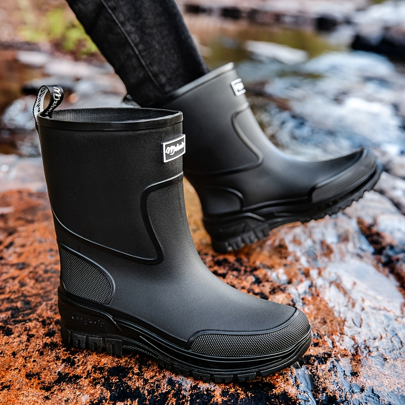 Men's Mid-Calf Rubber Rain Boots - Durable Non-Slip Outdoor Shoes