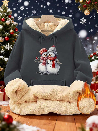 Women'S Winter Warmth Hooded Sweatshirt with Cute Snowman & Snowflake Print - Thick Fleece-Lined Long Sleeve Pullover, Cozy Casual Winter Sweater for Fall & Winter, Winter Sweatshirts, Seasonal Clothing, Playful Design, Soft