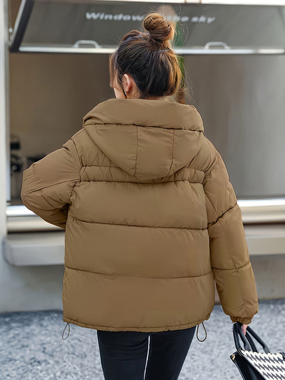 Կանացի նորաձև ձմեռային կայծակաճարմանդով և գլխարկով բաճկոն - ամենօրյա, հաստ վերնազգեստ գրպաններով, երկար թևքերով, չձգվող գործվածք, միագույն, 100գ/մ², իդեալական է ցուրտ եղանակի համար, ձմեռային հագուստ