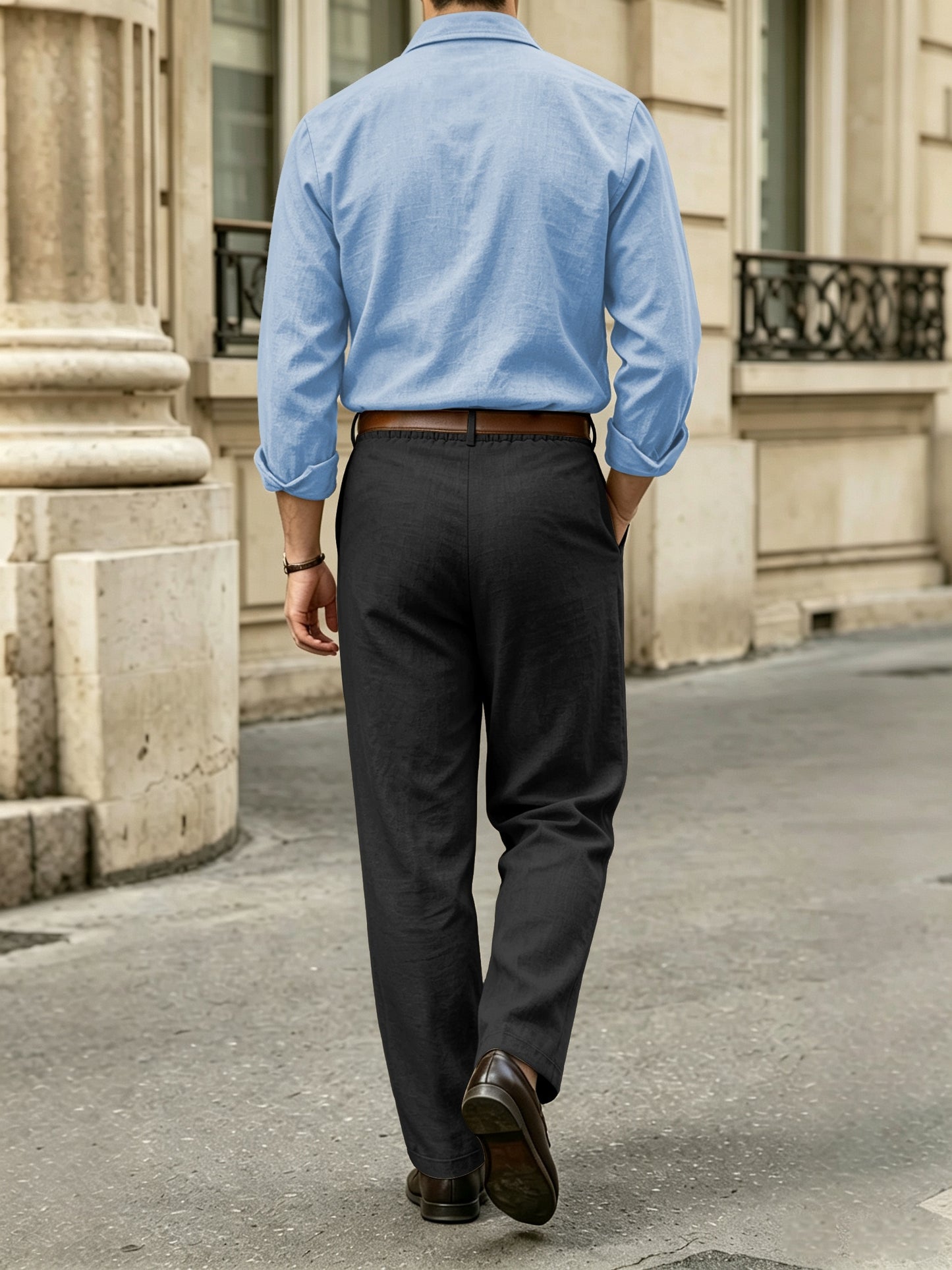 Men's Casual Linen Lapel Shirt & Buckle Pants Set for Spring/Fall