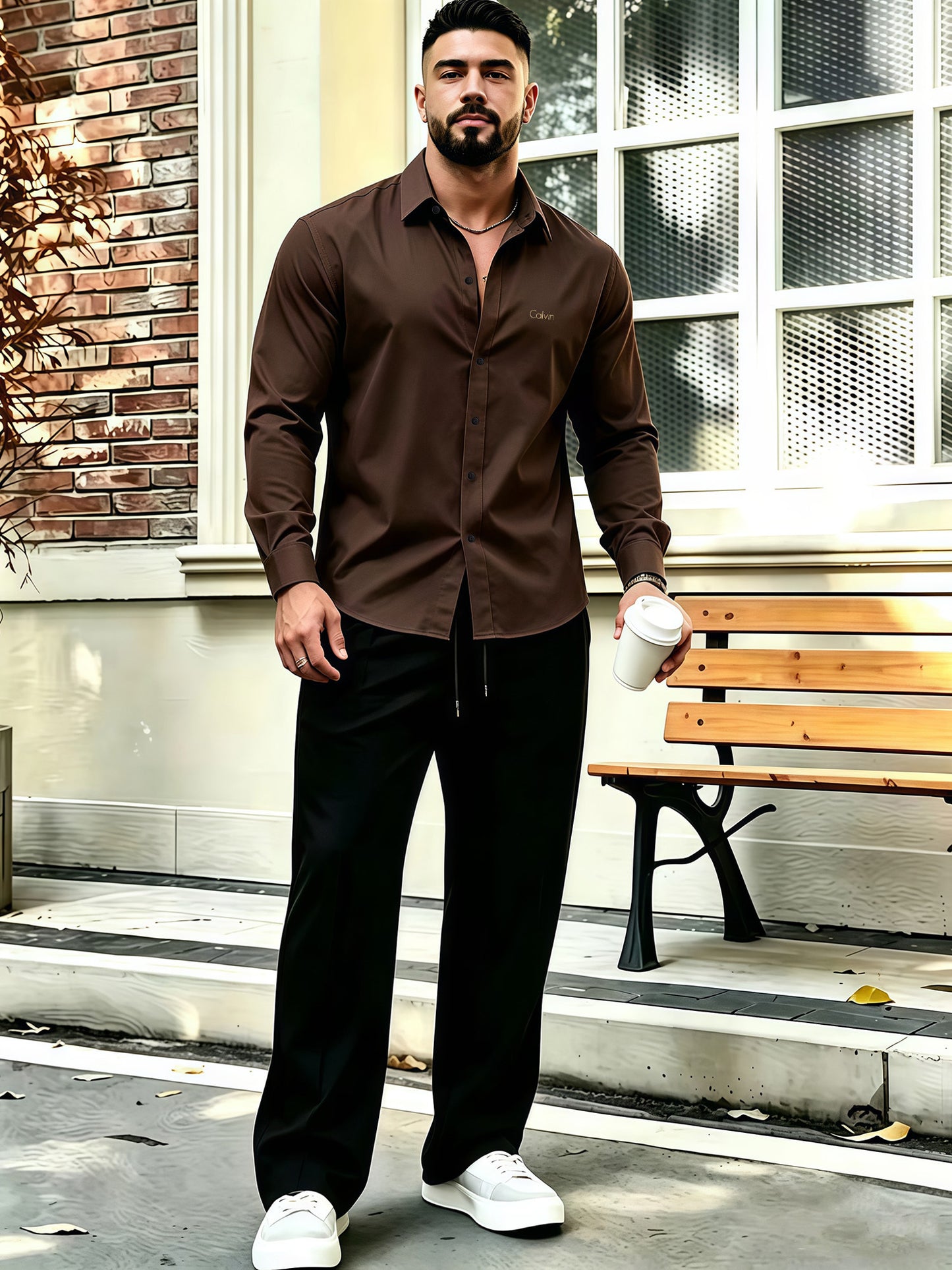 Men's Business Casual Shirt and Trousers Set - Polyester, All Season