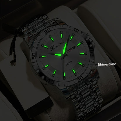 1pc Men's Business Style Stainless Steel Strap Watch - IPX7 Waterproof, Luminous Hands & Dial, Calendar & Week Display, Quartz Movement, Travel Leisure Sports Watch with Gift Box, Luxury Wristwatch | Sleek Metallic Finish | D