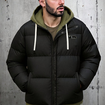 Men's Autumn and Winter Casual Fashion Faux Two-Piece Outerwear, Trendy Thickened Warm Comfortable Hooded Jacket