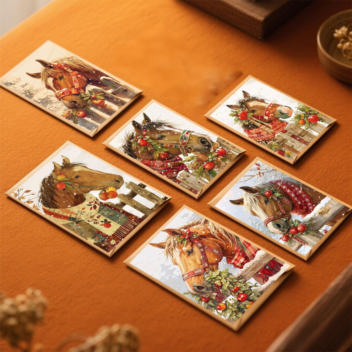 1set/12pcs/24pcs Christmas Horse Pattern Greeting Cards with Envelopes, Folded 9*13cm, 3.54*5.11in; Unfold 18*13cm 7.08*5.11in, 9 Sheets per Set, Christmas Cards With Envelopes, Funny Christmas Cards, Cards For All Occasions