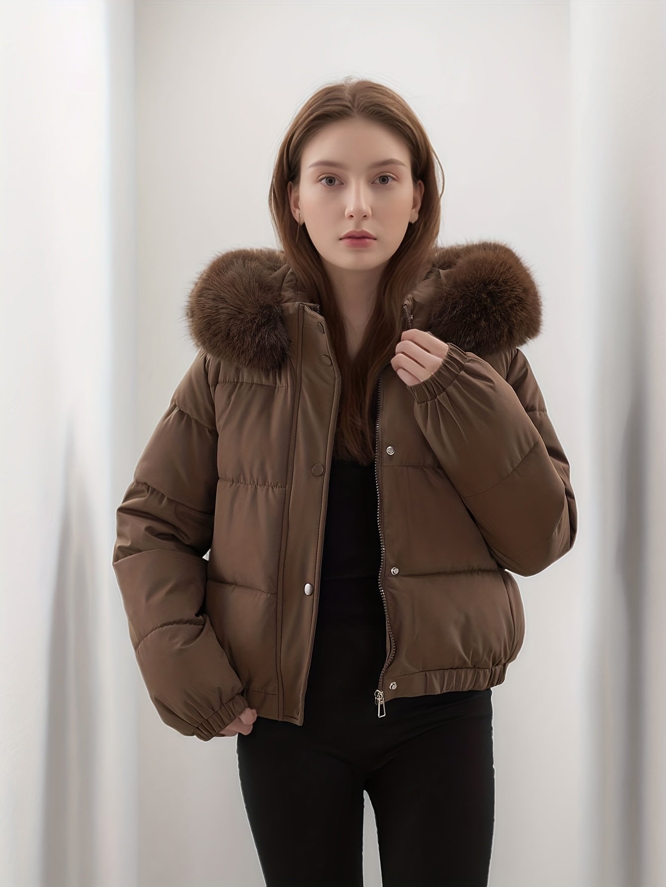 Women'S Winter Coat with Removable Faux Fur Hood - Thickened Loose Fit Long Sleeve Jacket, Zippered Pockets & Button Front, Casual Solid Color Outerwear for Cold Weather, Cozy Warmth, Buttoned Closure, Durable Fabric
