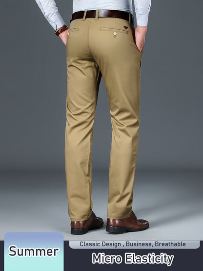 Men's Solid Pants With Pockets, Light Business Style Regular Fit Trousers For Outdoor Activities, Daily Wear For Spring And Autumn