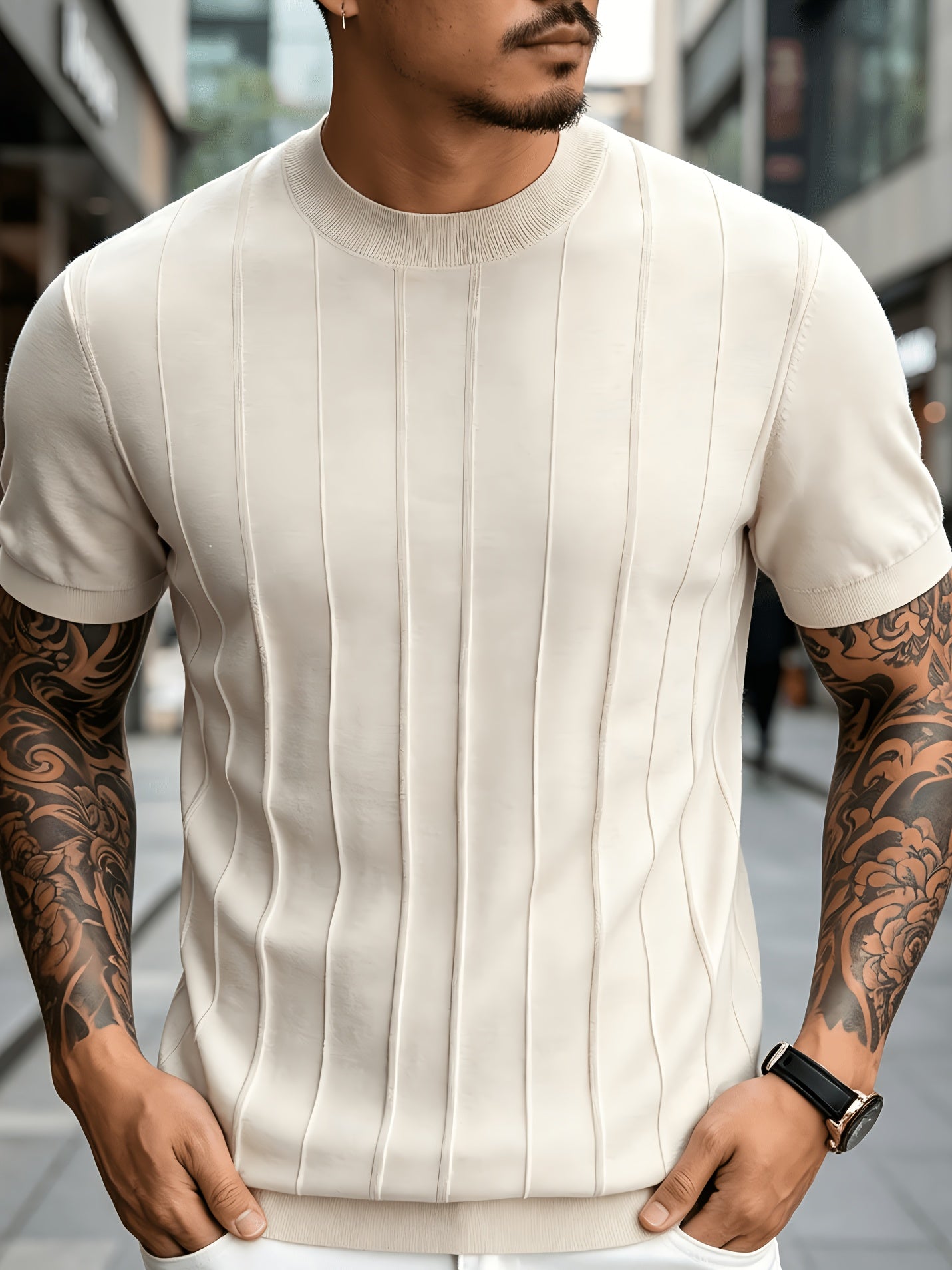 Men's Summer Slim Fit Rib Knit Crew Neck Short Sleeve Top