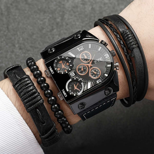 Men's Fashion Digital Dial Large Face Business Trend Quartz Watch + Bracelet Set, 4pcs Set (Watch Box Not Included)