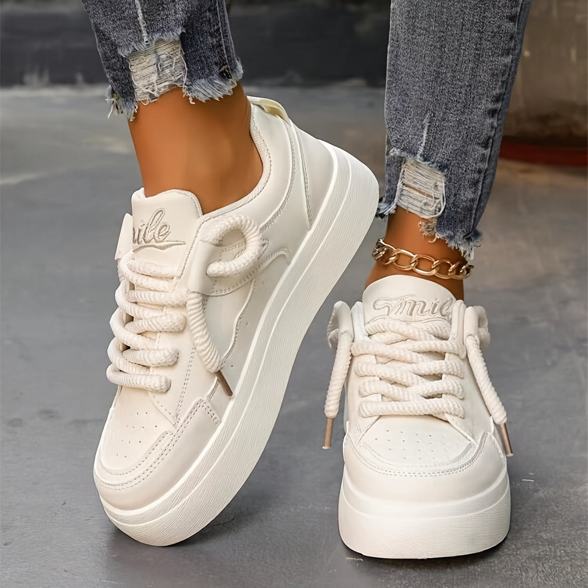 Women's Solid Color Casual Sneakers, Lace Up Platform Soft Sole Walking Shoes, Comfort Low-top Preppy Shoes