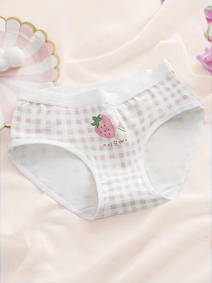 Girls' Cotton Briefs Set of 5 - Cute Strawberry & Checkered Design