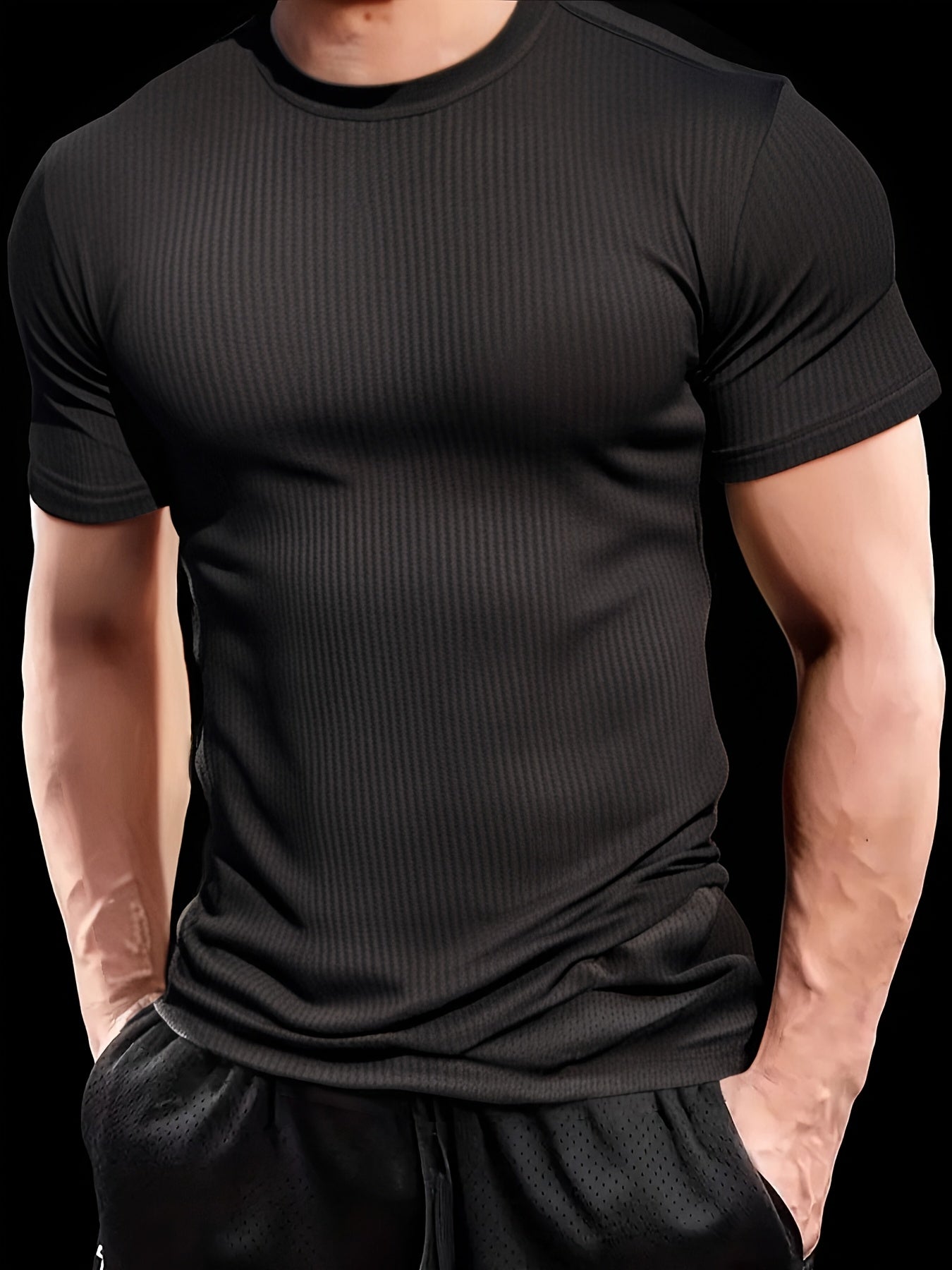Men'S Fitted Ribbed Short-Sleeve Quick-Dry T-Shirt - Made from Breathable And Spandex Blend, Round Neck, Machine Washable - Suitable for Fitness And Casual Summer Wear, Sports T-Shirt | Round Neck Shirt | High-Elastic Fabric - ayq