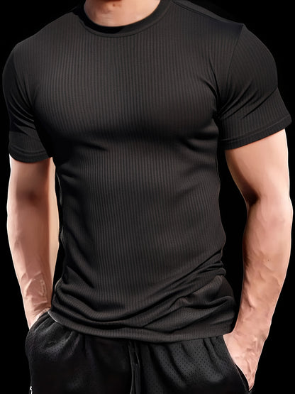 Men'S Fitted Ribbed Short-Sleeve Quick-Dry T-Shirt - Made from Breathable And Spandex Blend, Round Neck, Machine Washable - Suitable for Fitness And Casual Summer Wear, Sports T-Shirt | Round Neck Shirt | High-Elastic Fabric - ayq
