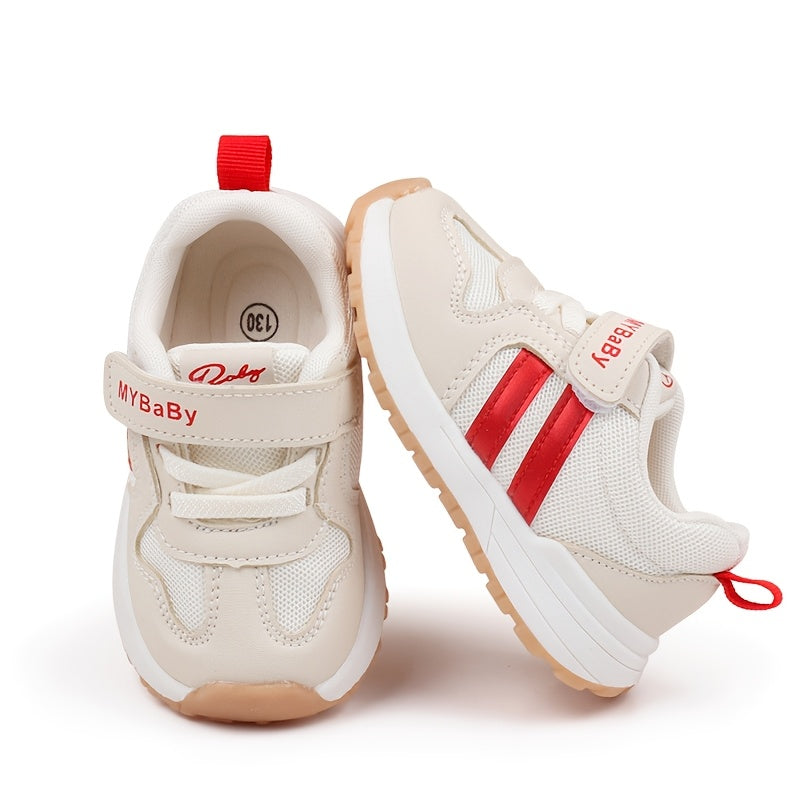 [1pc Unisex Toddler Sports Sneakers] Toddler Sports Sneakers, Unisex Preppy Casual Running Shoes, Striped Low Top Fabric & PU Upper, Breathable Mesh, Soft TPR Sole, with Adjustable Strap Closure, for Spring/Summer, All-Season