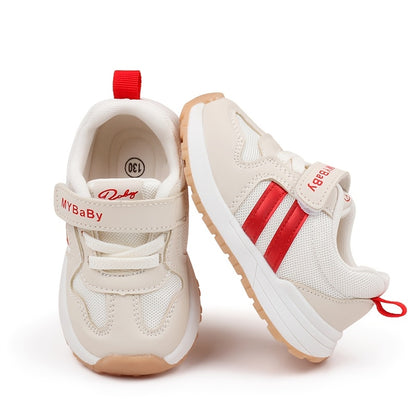 [1pc Unisex Toddler Sports Sneakers] Toddler Sports Sneakers, Unisex Preppy Casual Running Shoes, Striped Low Top Fabric & PU Upper, Breathable Mesh, Soft TPR Sole, with Adjustable Strap Closure, for Spring/Summer, All-Season
