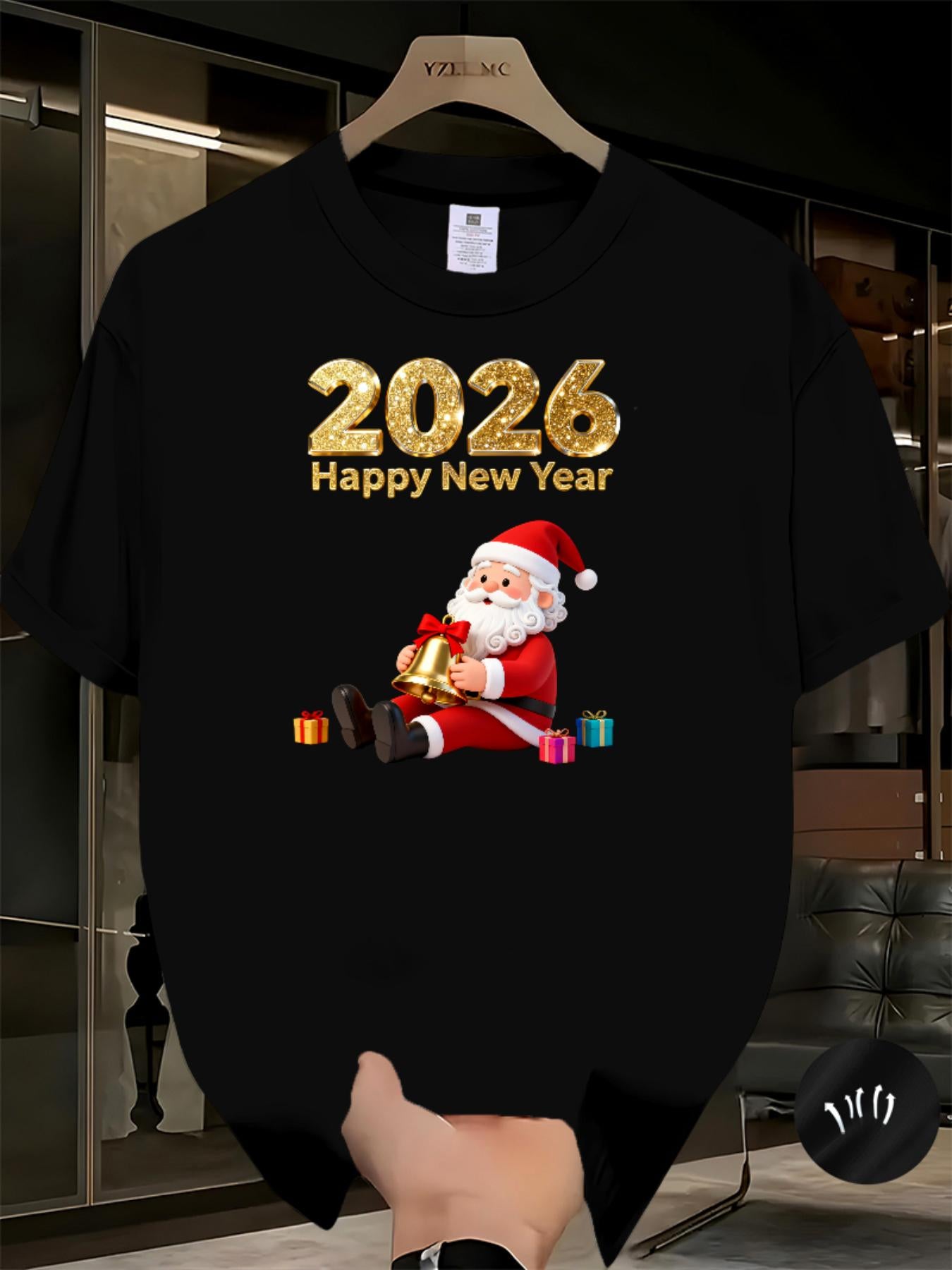 Men'S 2026 Happy New Year Santa Claus Graphic T-Shirt - Breathable Summer Casual Tee with Golden & Red Print, Regular Fit Round Neck Short Sleeve, Festive Clothing, Comfortable Fit, Holiday Shoppers