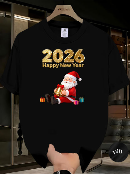 Men'S 2026 Happy New Year Santa Claus Graphic T-Shirt - Breathable Summer Casual Tee with Golden & Red Print, Regular Fit Round Neck Short Sleeve, Festive Clothing, Comfortable Fit, Holiday Shoppers