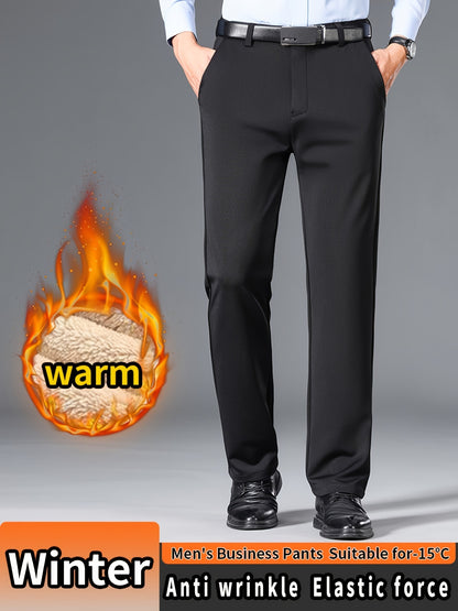 Men'S High Waist Solid Color Straight Leg Business Pants with Pocket Details, Polyester and Elastane Blend with Viscose Lining, Elastic Stretch, Zipper Fly Closure, Suitable for Fall/Winter Workwear