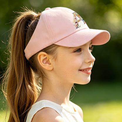 Adjustable Pink Baseball Cap for Kids with Floral Alphabet Design