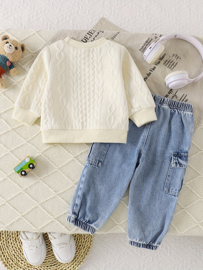 Cute Baby Boy Fall Set: Bear Sweatshirt & Denim Jogger Pants