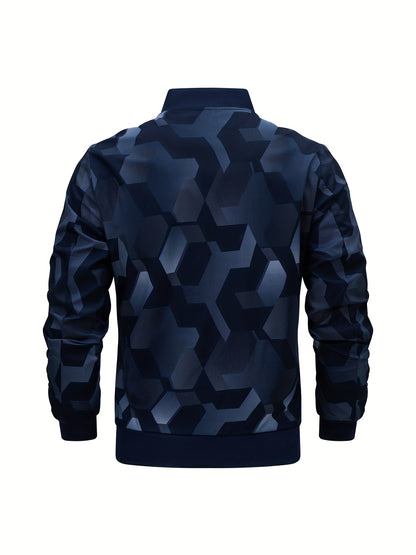 Men'S Camo Baseball Jacket - Full-Body Print Outdoor Sports Coat with Zipper Closure, Regular Fit Casual Preppy Style, Polyester Lining & Non-Stretch Fabric for Spring & Year-Round Wear, Durable Fabric Coat, Active Lifestyle,