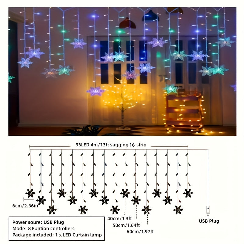 4m USB Snowflake Icicle Lights with 96 Multicolor & Warm White LEDs – Indoor/Outdoor Fairy String Lights, 8 Dynamic Lighting Modes (Wave, Sequential, Slow/Fast Flash, Fade, Twinkle, Steady On), Perfect for Party and Holiday